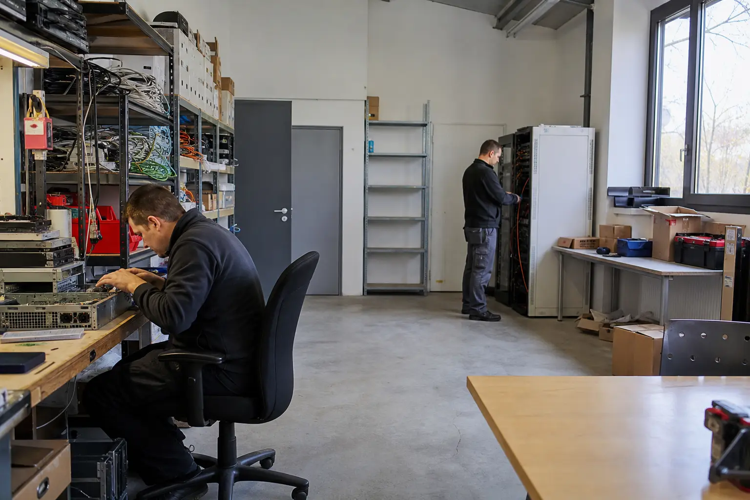 Überblick über eine IT-Servicewerkstatt mit Technikern und Ersatzgeräten.