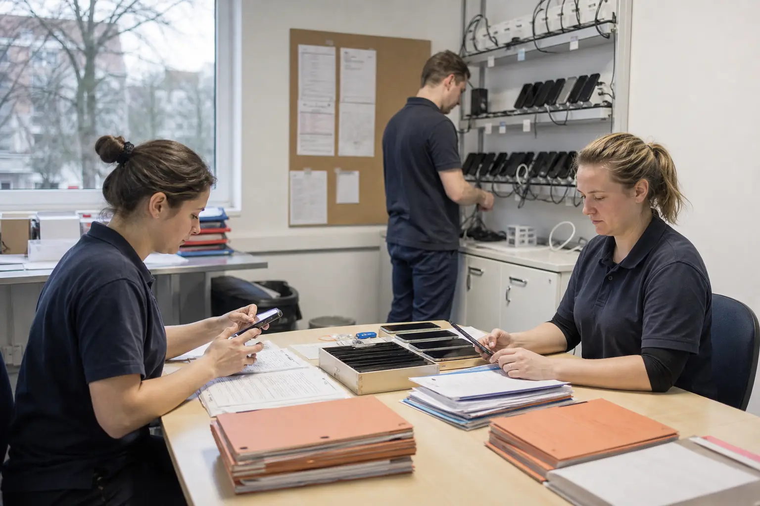 Pflegekoordination und IT-Technik bereiten mobile Arbeitsgeräte vor.