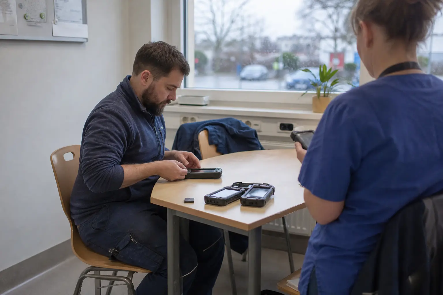 Techniker unterstützt ein mobiles Pflegeteam bei der Geräteeinrichtung.