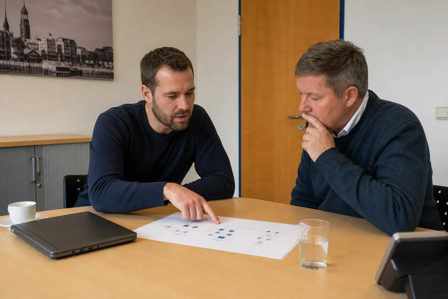 IT-Berater und Verantwortlicher besprechen einen Infrastrukturplan.