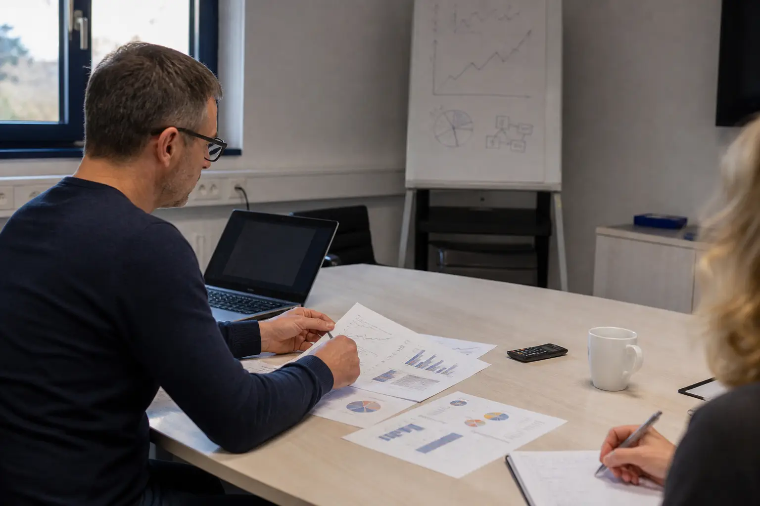 Team bewertet Daten und Diagramme für eine praktische KI-Anwendung.
