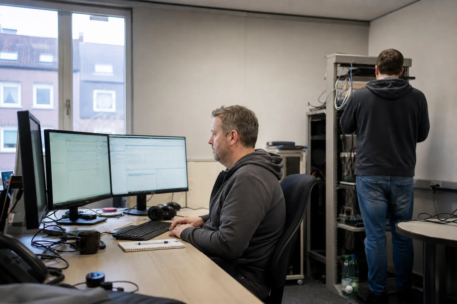 Techniker betreuen den laufenden IT-Betrieb an Arbeitsplatz und Netzwerkschrank.