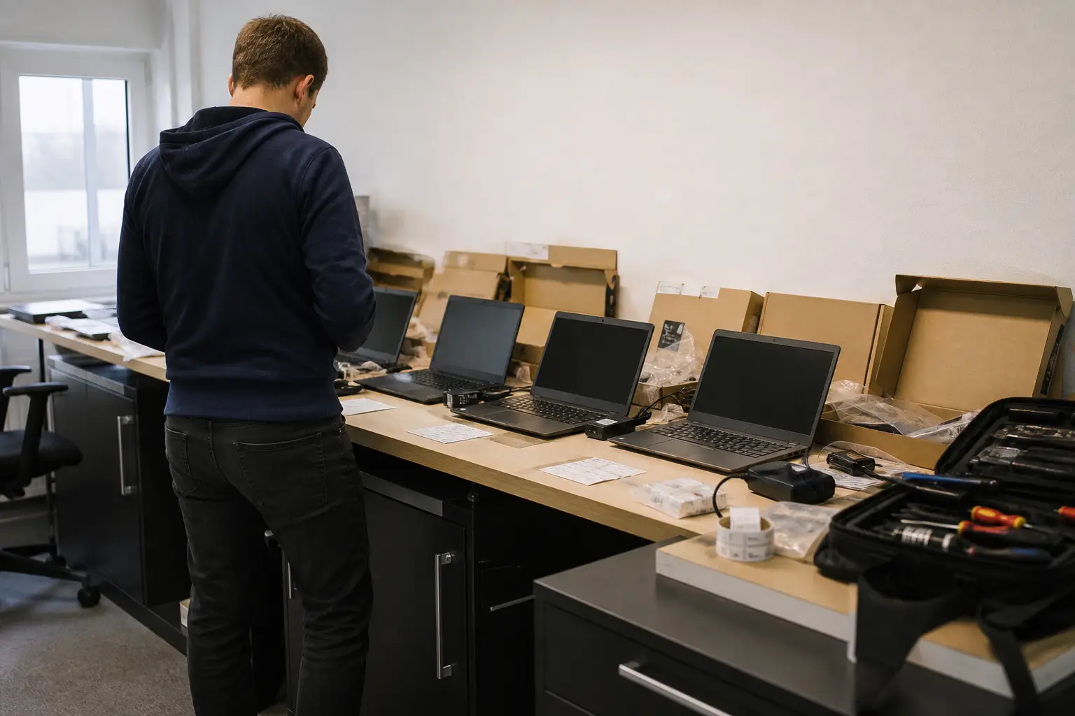 Techniker bereitet mehrere Notebooks für einen Arbeitsplatz-Rollout vor.