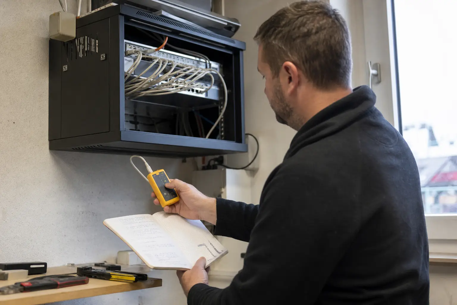 Techniker führt eine geplante Wartung an einem Netzwerkverteiler durch.