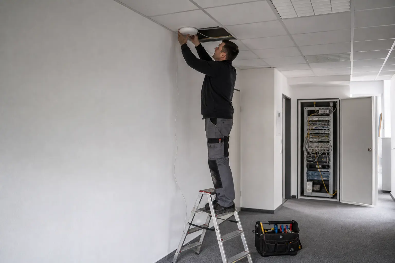 Techniker installiert einen WLAN-Zugangspunkt in einem Bürogebäude.