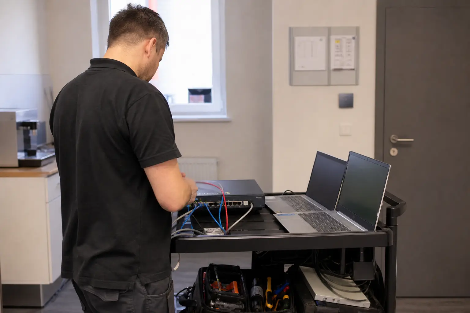 Techniker prüft Firewall- und Endgerätesicherheit an einem Servicewagen.