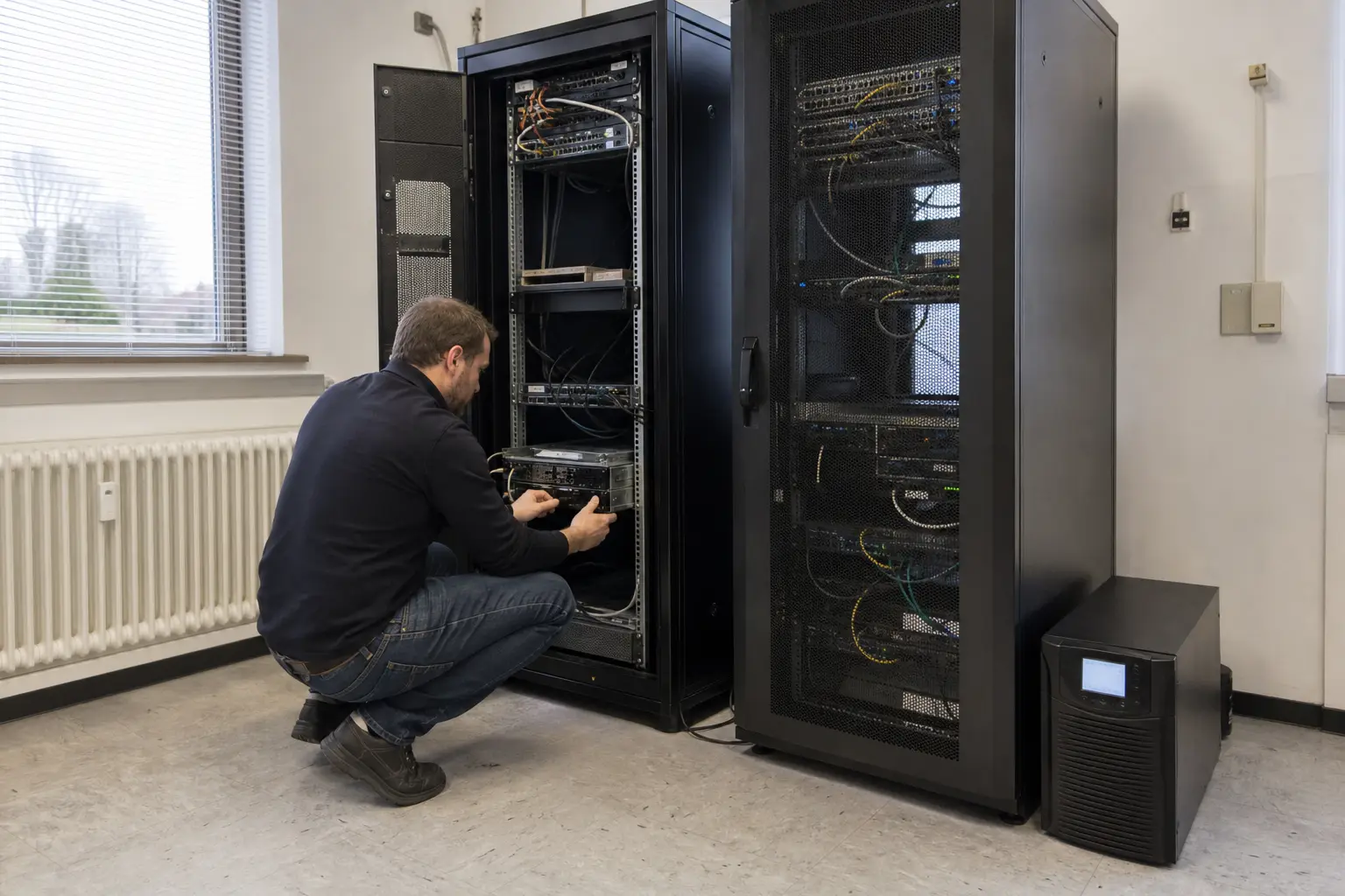 Techniker wartet Serversysteme in einem betrieblichen Technikraum.