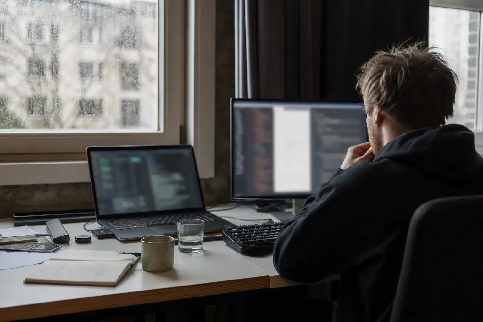Softwareentwickler arbeitet konzentriert an einem Büroarbeitsplatz.