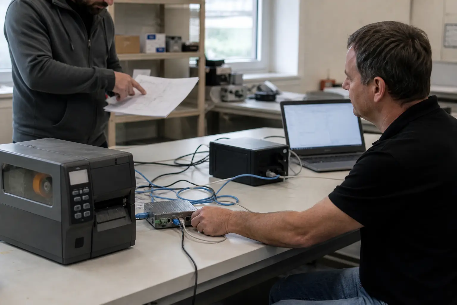 Techniker testet die Verbindung verschiedener Systeme und Schnittstellen.